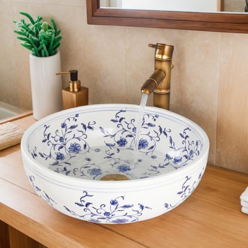 Lonuebu Blue White Vessel Sink Faucet Drain Combo