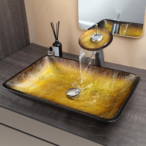 22-Inch Gold Artistic Glass Vessel Sink with Waterfall Faucet