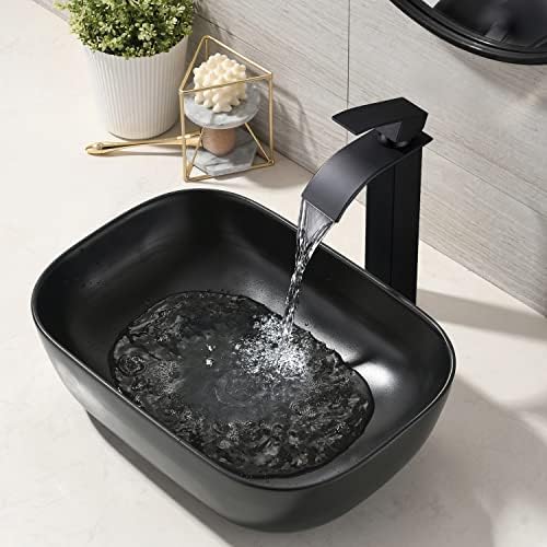 Modern Black Vessel Sink with Waterfall Faucet Durable Bathroom Sink