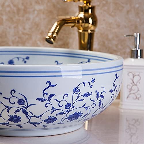 Handmade Ceramics Vessel Sink Blue and White Design Detachable Above Counter