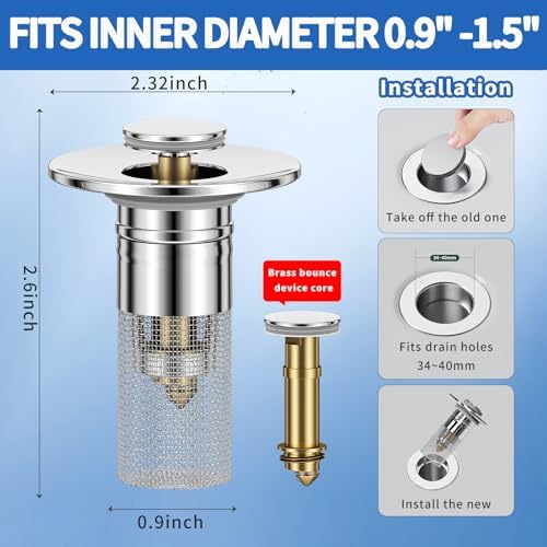 2PCS Bathroom Sink Stopper Strainer with Removable Hair Catcher Basket