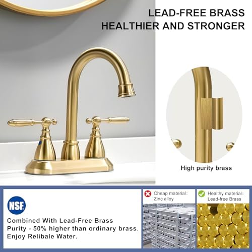 Sturdy Gold Bathroom Faucet with 360 Spout 2 Handles Safe Durable and Aesthetic