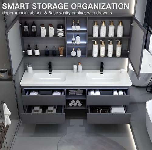 64-inch Modern Floating Bathroom Vanity with Dual Sinks and Solid Wood Construction