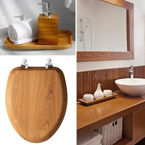 Bemis Mayfair Natural Oak Veneer Toilet Seat with Chrome Hinges Round Wood