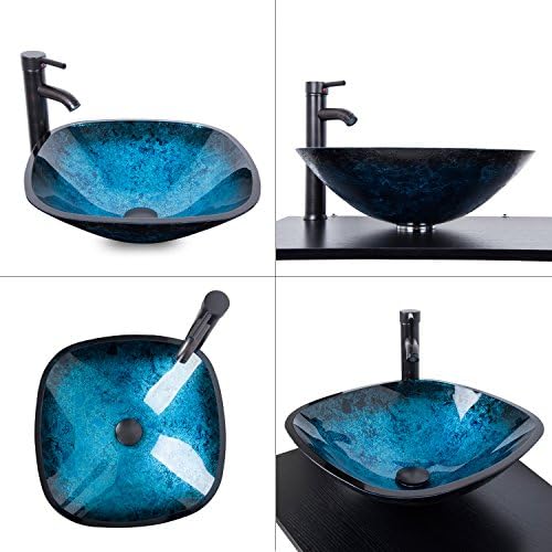 Ultraclear Blue Tempered Glass Vessel Sink with Faucet and Drain for Bath
