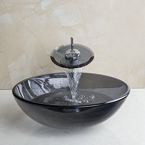 Vessel Sink Tempered Glass Round Bowl and Mixer Waterfall Faucet Drain Combo Set
