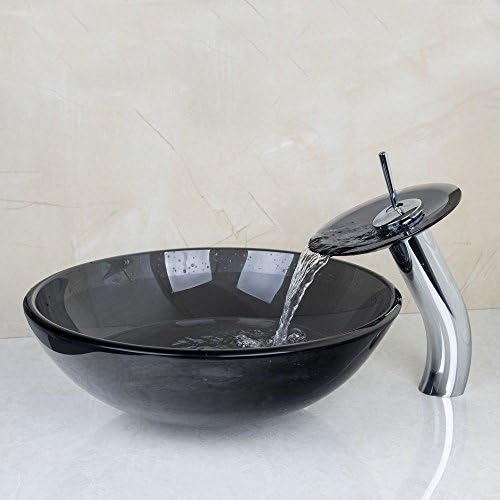 Vessel Sink Tempered Glass Round Bowl and Mixer Waterfall Faucet Drain Combo Set