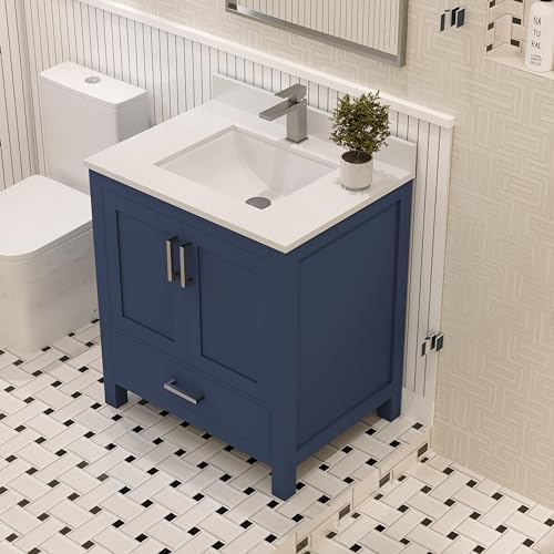 Navy Blue 30-Inch Bathroom Vanity Set with White Quartz Counter Ceramic Sink