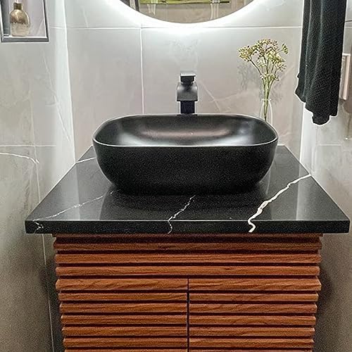 Modern Black Vessel Sink with Waterfall Faucet Durable Bathroom Sink