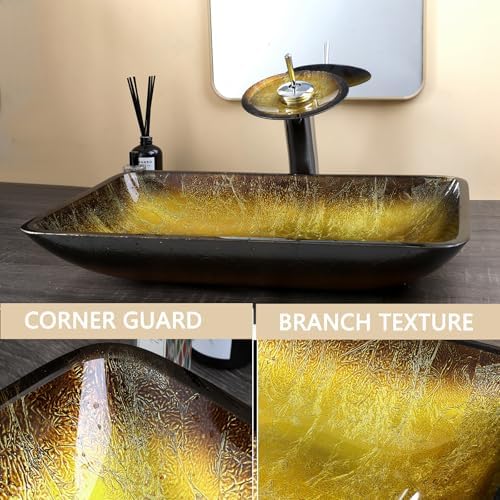 22-Inch Gold Artistic Glass Vessel Sink with Waterfall Faucet