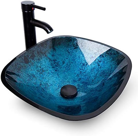 Ultraclear Blue Tempered Glass Vessel Sink with Faucet and Drain for Bath