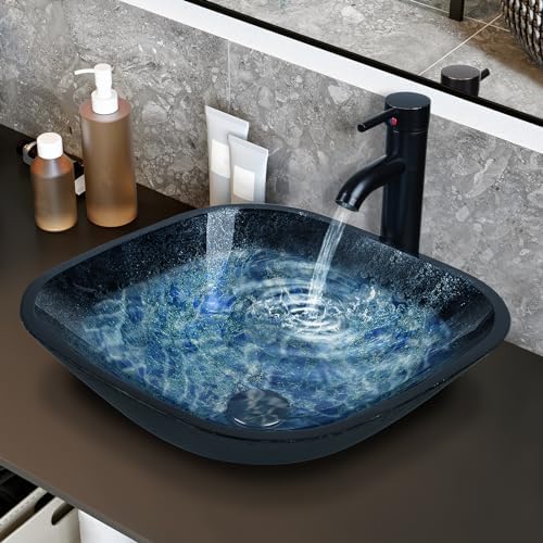 Ultraclear Blue Tempered Glass Vessel Sink with Faucet and Drain for Bath