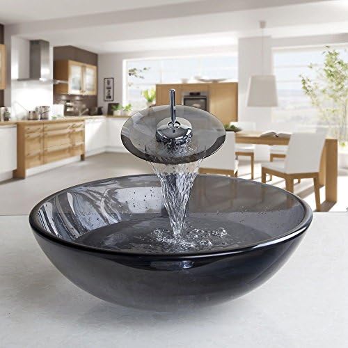 Vessel Sink Tempered Glass Round Bowl and Mixer Waterfall Faucet Drain Combo Set
