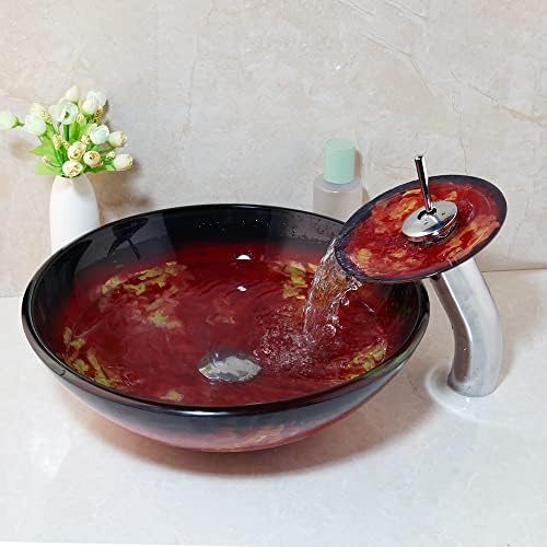 HM HomeMieco Tempered Glass Vessel Bathroom Round Basin Sink BowlWaterfall Faucet Combo Set