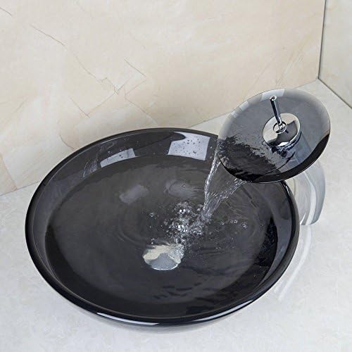 Vessel Sink Tempered Glass Round Bowl and Mixer Waterfall Faucet Drain Combo Set