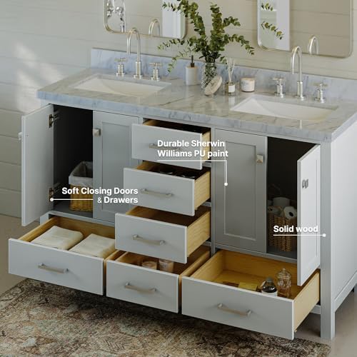 Ariel 61 inch bathroom vanity with marble countertop and soft-close drawers