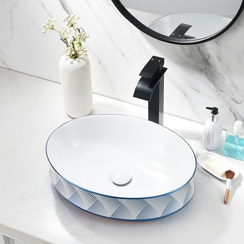 HLBLFY 19x15 Inch Blue Diamond Grid Pattern Ceramic Bathroom Basin With Faucet