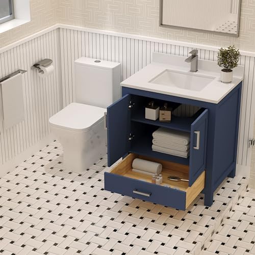 Navy Blue 30-Inch Bathroom Vanity Set with White Quartz Counter Ceramic Sink