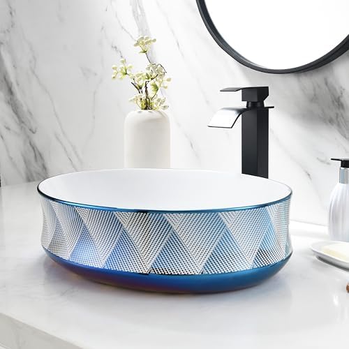 HLBLFY 19x15 Inch Blue Diamond Grid Pattern Ceramic Bathroom Basin With Faucet