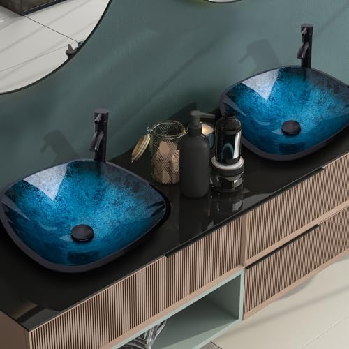 Ultraclear Blue Tempered Glass Vessel Sink with Faucet and Drain for Bath
