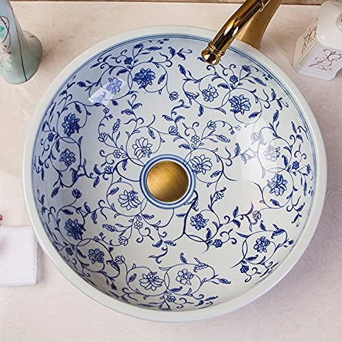 Handmade Ceramics Vessel Sink Blue and White Design Detachable Above Counter